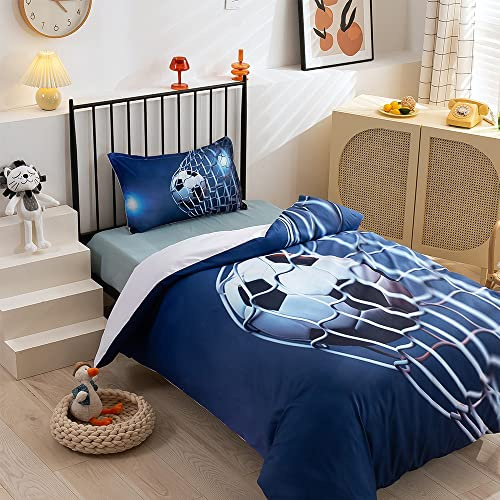 Mateju Parure de Lit pour Enfant Style Sportif Housse de Couette 140x200 cm et Taie d'oreiller 65x65 cm, Ensemble de Literie 1 Personne Garçon Fille en Microfibre (Ballon de Foot Bleu,140x200cm)