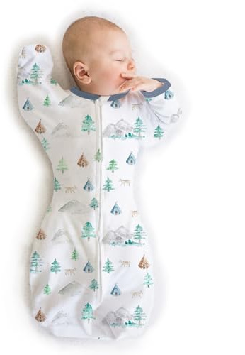 SwaddleDesigns Transitional Swaddle Sack, Baby Swaddles for Newborn with Arms Up Half-Length Sleeves & Mitten Cuffs, Sleep Sack Wearable Blanket, S (2.7-6.4 kg), 0-3 mo, Watercolor Mountains & Trees