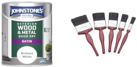 Johnstone's - Quick Dry Satin - Brilliant White- Satin Finish - Exterior Wood & Fit For The Job 5 pc Mixed Sizes Paint Brush Set for a Smooth Finish with Emulsion, Gloss, Satin on Walls, Ceilings