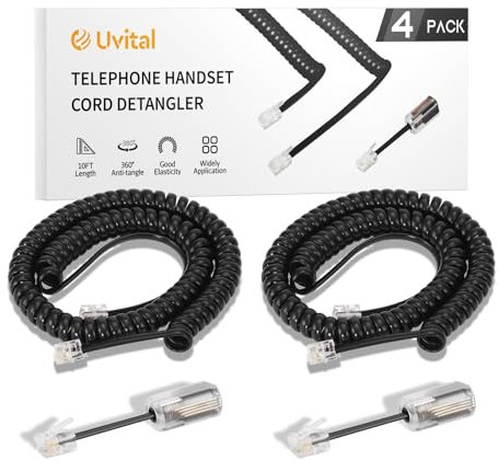 Uvital Phone Handset Cord Detangler for Desk Phone, RJ9 2Pack 10FT Landline Telephone Cord(Coiled Length: 1.2FT) and 2 Pack Anti-Tangle Telephone Wire Untangler, 360° Rotating Swivel, Black