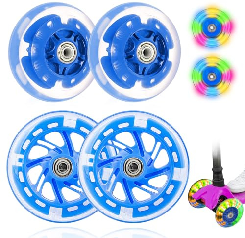 2 pares de ruedas luminosas para scooter, 80/120 mm, ruedas de scooter con rodamientos ABEC 7, luz intermitente LED (azul)