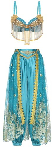 CHICTRY Costume Danse Orientale Femme Soutien-Gorge Rembourré Danse du Ventre Pantalon Bloomer B Bleu Paon Taille Unique
