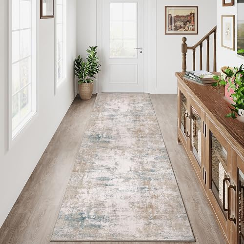 HUGEAR Waschbarer LäUfer Teppich Flur 60 x 240cm Beige Blau Modern Abstrakt Küchen Wohnzimmer Schlafzimmer Teppiche TeppichläUfer rutschfest Kurzflor Weich FlurläUfer TeppichläUfer Bettvorleger