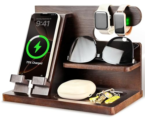 Schreibtisch Organizer Holz - Handy-Dockingstation aus Holz, Handy Dockingstation Schreibtisch Organizer mit Handyständer Braun Nachttisch-Organizer für Männer Herren Väter Partner Ehemann