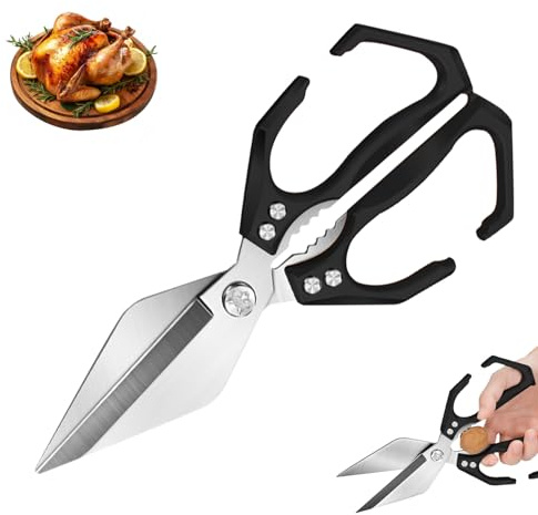 Multifunctional Heavy Duty Kitchen Shears 2 in 1 Scissors Tool with Walnut Cracker All Purpose Ergonomic Handle Stainless Steel Heavy-Duty Cooking Shears for Food Poultry Meat Fish Cutting (Black)