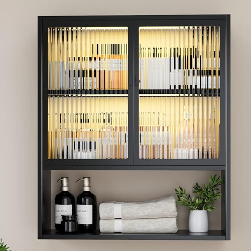 YILFANA Wall Mounted Bathroom Cabinet with Glass Doors, Metal Over Toilet Storage Cabinets with Open Shelves, Medicine Cabinets for Bathroom, Living Room, Bedroom, Black