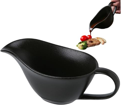 Salsera de cerámica de 200 ml con pico y asa, ideal para el hogar, hotel y restaurante. Color negro. Vertedor, recipiente, cuenco.