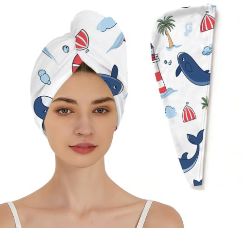 Klaizin Whale Lifebuoy Pattern Hair Wrap for Women, Super Absorbent Microfiber Hair Towel Wrap, Anti Frizz Quick Drying Hair Turban for Curly & Long Hair