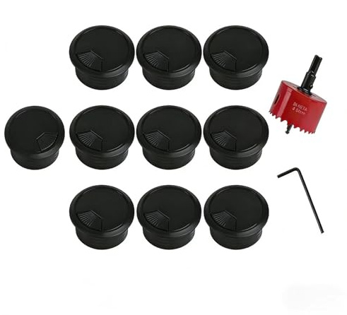 Passe-Câble Bureau 60 mm, Lot de 10 avec Scie Cloche 60 mm et Clé Allen, Cache Câble Bureau Rond Noir, Passage de Câble pour Bureau, Table, Home Office, PC et TV