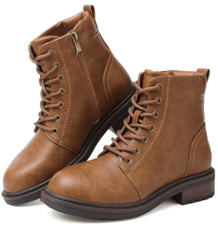 Hanani Womens Ankle Boots Side Zipper Casual Combat Boots Water Resistant Ladies Platform Walking Boots Lace Up Low Block Heel Round Toe Short Boots for Autumn Winter