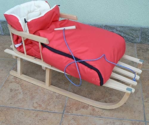 Holzschlitten mit Rückenlehne mit Winterfußsack 90cm 10 Farben Schlitten aus Holz (Rot)