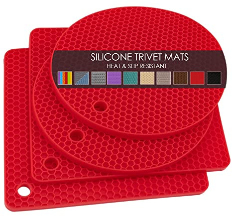 Silicone Trivets for Hot Pots and Pans, 4PCS Flexible Multipurpose Hot Pads Pot Holders, Heat Resistant Trivet Mats for Hot Dishes, Soft Non-Slip Silicone Mat for Kitchen Counter(Red)