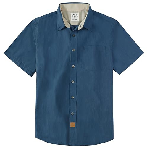 Dubinik® Mens Short Sleeve Button Down Shirts 100% Cotton Plaid Men's Casual Button-Down Shirts with Pocket Navy Blue