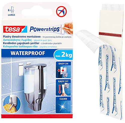 tesa Powerstrips® Waterproof Large mit 6 Power Strips Weiß + 6 Reinigungstücher bis zu 2 kg Gewicht | Wasserfest Spurlos Wieder Ablösbar Zubehör fur Badezimmer & Dusche Badzubehör | Kleben Ohne Bohren