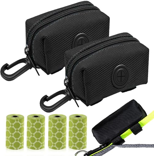 (2 Pack) Dog Poop Bag Holder, Poop Bag Holders for Leashes, CAKOVANO Doggie Waste Bag Dispenser Small Doggy Poop Bag Zipper Pouch with Carabiner Clip with 80 Pet Trash Bags, Black
