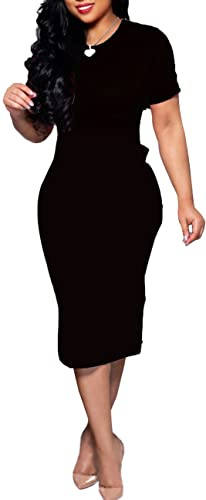 Pencil Dress for Women Short Sleeve Crew Neck Midi Work Dresses Bodycon Funeral Dress, Black, Large