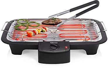 Barbecue électrique de table et pince à barbecue avec bac récupérateur d'eau, surface de cuisson 38 x 22 cm – 2000 W