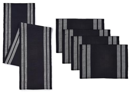 Encasa XO Camino de Mesa y Juego de Manteles Individuales 4 | Algodón de Costura Fina | Black de Escalera | 1 Camino de Mesa de 32x137 cm y Cada Mantel Individual de 48x32 cm