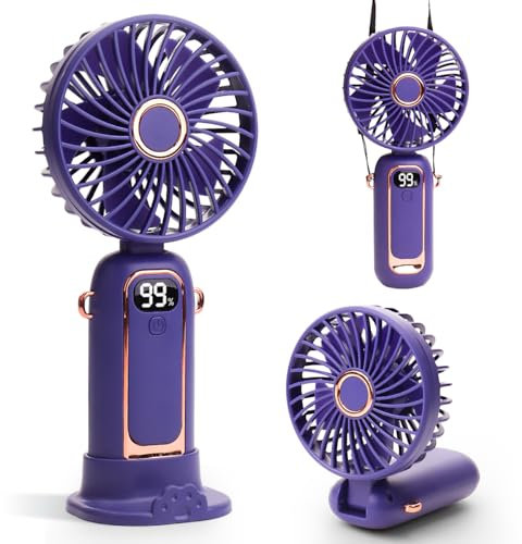 Yeahchic Handheld Fan, Portable USB Desk Fan with 5 Speeds, Rechargeable Mini Fan with LED Display for Stylish Girl Women Men Home Office Travel - Blue