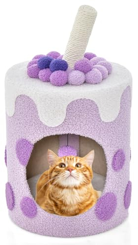 SOARS Kratzbaum klein, Kratztonne Perlenmilchtee Form, Katzenbaum mit Katzenkratzsäule & aufgehängter Ball, Katzenhöhle, Katzenmöbel, 37 x 37 x 67cm (Lila)