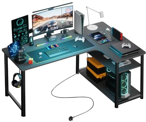 COMHOMA Gaming Tisch mit Steckdose 120 x 80cm Schreibtisch, Eckschreibtisch mit USB-Ladeanschluss und Regal, Computertisch L Form, PC Tisch für Büro, Heimbüro