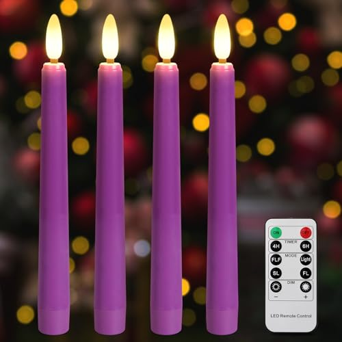 FREEPOWER Lot de 4 bougies LED violettes avec minuterie et télécommande vacillantes à piles sans flamme blanc chaud à intensité variable pour couronne de l'Avent, décoration intérieur/extérieur,