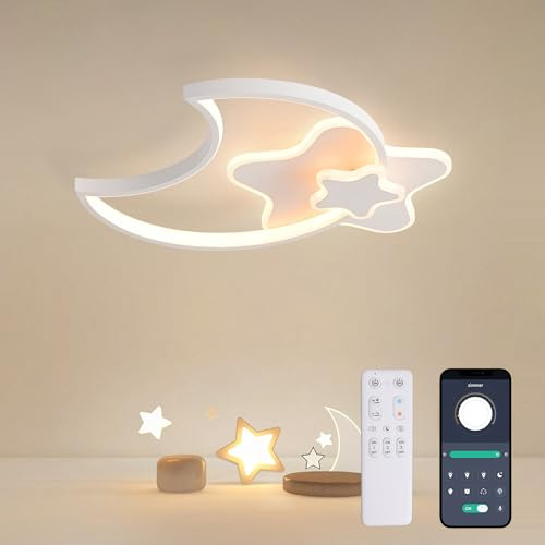 KAUCQI 55CM 42W Lampara Infantil Techo, Lámpara de techo Luna LED Regulable con Control Remoto 3000-6000K, Lámpara LED de Estrella Luces para habitacion de bebé Plafon Led Techo para Dormitorio