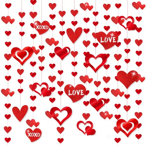 HOWAF Ghirlanda di Cuore Rosso Pendenti Cuore, Cuori da Appendere Cuori San Valentino Decorazioni per Cuoricini Decorativi, Decorazioni San Valentino, Fidanzamento, Anniversario, Compleanno, Set B