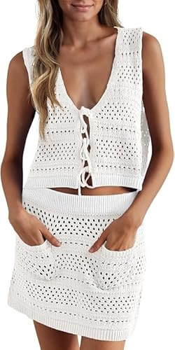 Saodimallsu Bikini Cover Up set 2 delar baddräkt virkning ärmlös crop top stickad kjol virkad klänning strand badmode stickad strandklänning strand virkad cover ups, Vit, S