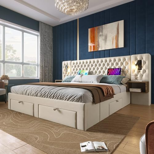Cama doble tapizada 160x200 cm, 2 mesitas de noche, 4 cajones, cabecero de lectura USB, 243x211x106 cm, color gris