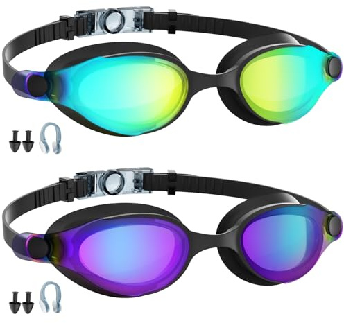 Priksia Swimming Goggles-2 Pack Goggles Swimming Adult with Nose Clip & Earplugs, Anti Fog No Leaking Clear Vision, Swimming Goggles Adult Men Women Youth(Black*2)