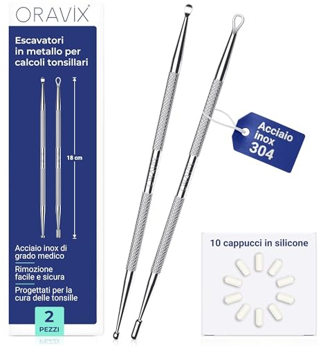 Oravix Extractor de tonsilolitos metálico – Pack de 2 (18 cm), Eliminador de mal aliento, Kit tonsilolitos, Limpiador amigdalas con 10 puntas de silicona, Kit eliminación piedras amigdalas