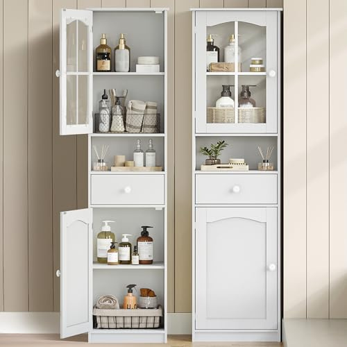 Hzuaneri Meuble Salle de Bain, Meuble Rangement à Porte vitrée, Armoire de Rangement Haute avec 2 Portes et 1 tiroir, étagères réglables, Salle de Bain, Salon, 40 x 30 x 170 cm, Blanc, SC10003X