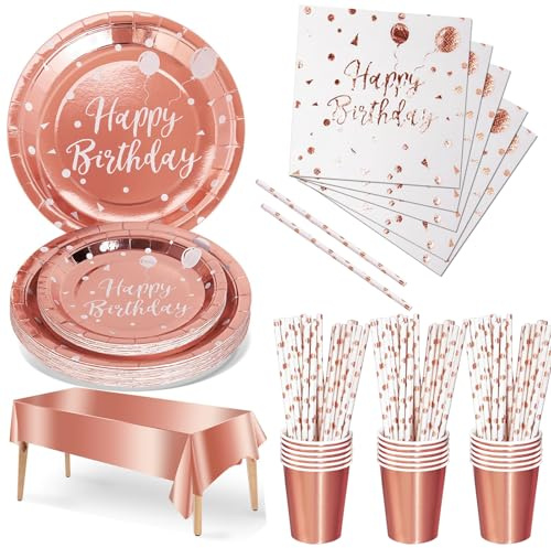 Nkaiso Compleanno Stoviglie per feste Oro Rosa Puro 121 Pezzi Carta Set Include Piatti usa e getta, Tovaglioli Bicchieri Forniture per la Decorazione di feste -24 Ospiti