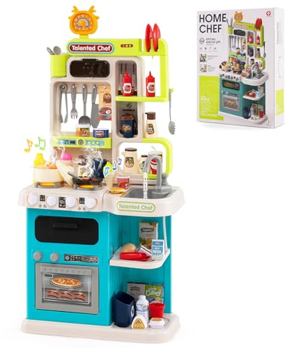 COSTWAY Kids Kitchen Playset, Toddler Play Kitchen with Realistic Sounds & Lights, Steam Spray Simulation, Sink, 95PCS Accessories, Pretend Role Play Toy for Boys Girls (Blue)