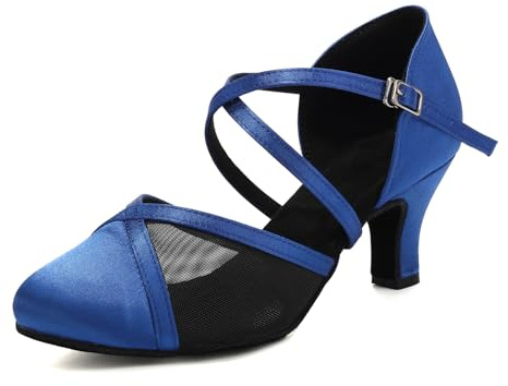 Uonpie Zapatos de Baile de Salón Punta Cerrada Satén Tacón Bajo Azul Zapatos de Baile Latino Salsa de Entrenamiento para Mujer,40.5EU