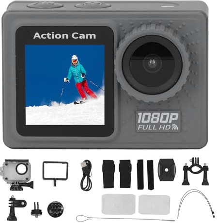 Cámara para Grabar Videos Dual Pantalla 2.0 y 1.4 Pulgadas, 16MP, 1080FHD 30FPS, Lente Gran Angular 120° - Sumergible 30M, Vídeos y Fotos Nítidos para Deportes Acuáticos y Aire