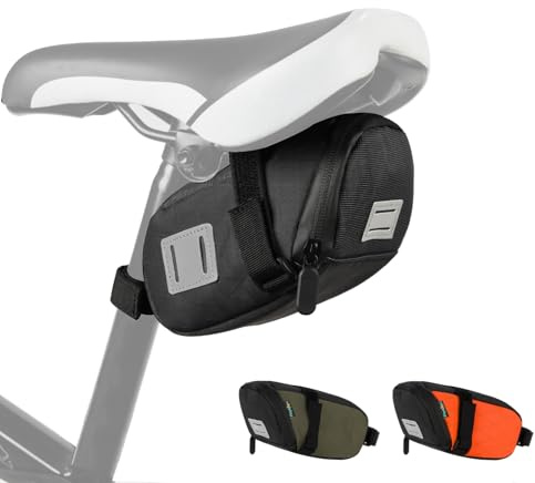 Playexen Borsa Sottosella Bici Piccola Borse da Sella Bicicletta da Corsa Strada MTB Impermeabile con Nastro Riflettente Marsupio Portaoggetti di Attrezzi Bici 16,5 * 7,5 * 10,5CM con Cinghie(Nero)