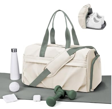 WEPLAN Bolsa Deporte Mujer Hombre Bolso de Gimnasio con Compartimento para Zapatos y Humeda Sport Gym Bag Fitness Bolsa Entrenamiento Impermeable Bolsas de Fin de Semana para Viaje,C7-Beige con Verde