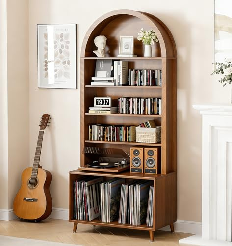 Limaoaio Large Record Player Stand with Vinyl Storage,6-Tier Arched Record Player Table Holds Up 350+ Albums, Turntable Stand with CD/DVD Rack,Vinyl Record Storage for Living Room (Walnut, 31.49''W)