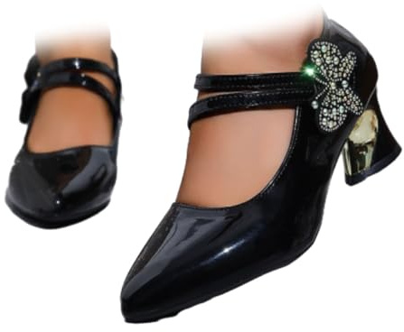 Mary Jane - Scarpe da donna con tacco a blocco, con strass scintillanti, con 2 fibbie e cinturino in stile retrò, eleganti scarpe décolleté con tacco medio a punta, Nero , 36 EU
