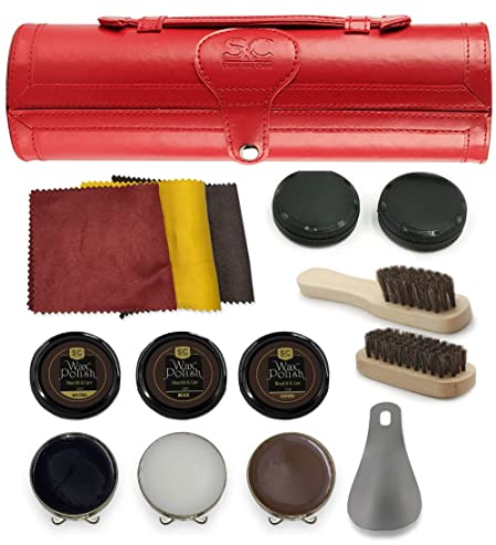 Stone & Clark 12PC Shoe Polish & Care Kit, Leather Shoe Shine Kit with Brown Wax, Shoe Brushes for Polishing (Case: Hot Red)