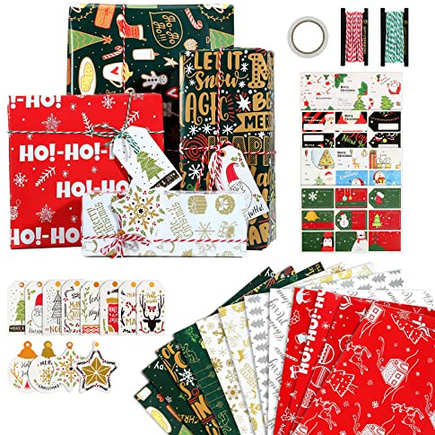 LIHAO Carta Regalo Natalizia 12 Fogli Carta da Regalo Natale Kraft Vintage con Corde Etichetta Nastro Biadesivo Complenno Feste - 70 × 50 cm