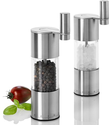 AdHoc Select Gewürzmühlen mit Kurbel | 2-er Set manuelle Salz- & Pfeffermühle mit Getriebe | 12-stufige Präzisions-Mahlgradeinstellung | Keramikmahlwerk für hartes Mahlgut | 20cm