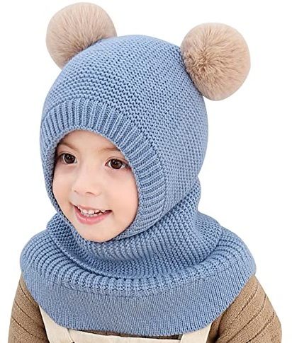 Schalmütze, Babymütze Mädchen Jungen Strickmütze mit Bommel Samtfutter Kleinkind Earflap Mütze Baby Schalmütze Schlupfmütze Neugeborene Mütze Warme Beanie für Baby Junge Mädchen 0-3 Jahre