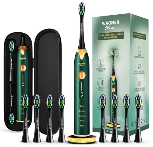 Wagner Stern Ultrasonic whitening Toothbrush with Pressure Sensor. 5 Brushing Modes and 4 Levels of Intensity, 8 Soft bristles, Travel case.
