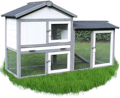 NYVI Hasenstall mit Auslauf - XXL Kleintierstall mit Gehege - Winterfest & Wetterfest für Draußen - Kunststoffwanne - Einfach zu Reinigen - Einfache Montage - Kaninchenstall 146x86x52cm Grau Weiß