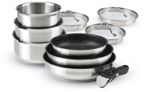 Qdesign - 10-Teiliges Induktionskochgeschirr - Set Bestehend aus 3 Töpfen, 3 Antihaftbeschichteten Pfannen, 3 Deckeln und 1 Abnehmbaren Griffen - Edelstahl - Feuerfest - Silber/Schwarz
