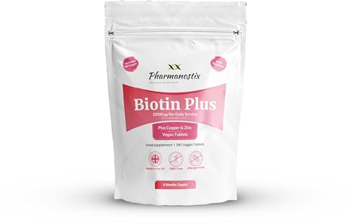 Pharmanostix Biotin Plus 360 Vegan Tablets - Enhanced with Zinc & Copper - Biotin 10000 mcg Per Daily Serving Hair Growth Supplement - 6 Months Supply - Hair Skin & Nails for Women & Men - UK