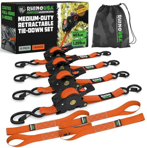 Rhino USA Retractable Ratchet Straps (4-Pack) - 1in x 10ft, Orange